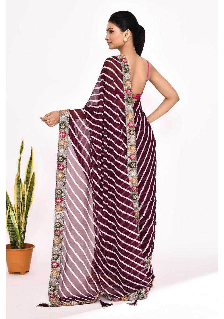 Burgundy Embroidered Georgette Saree Set - Indya