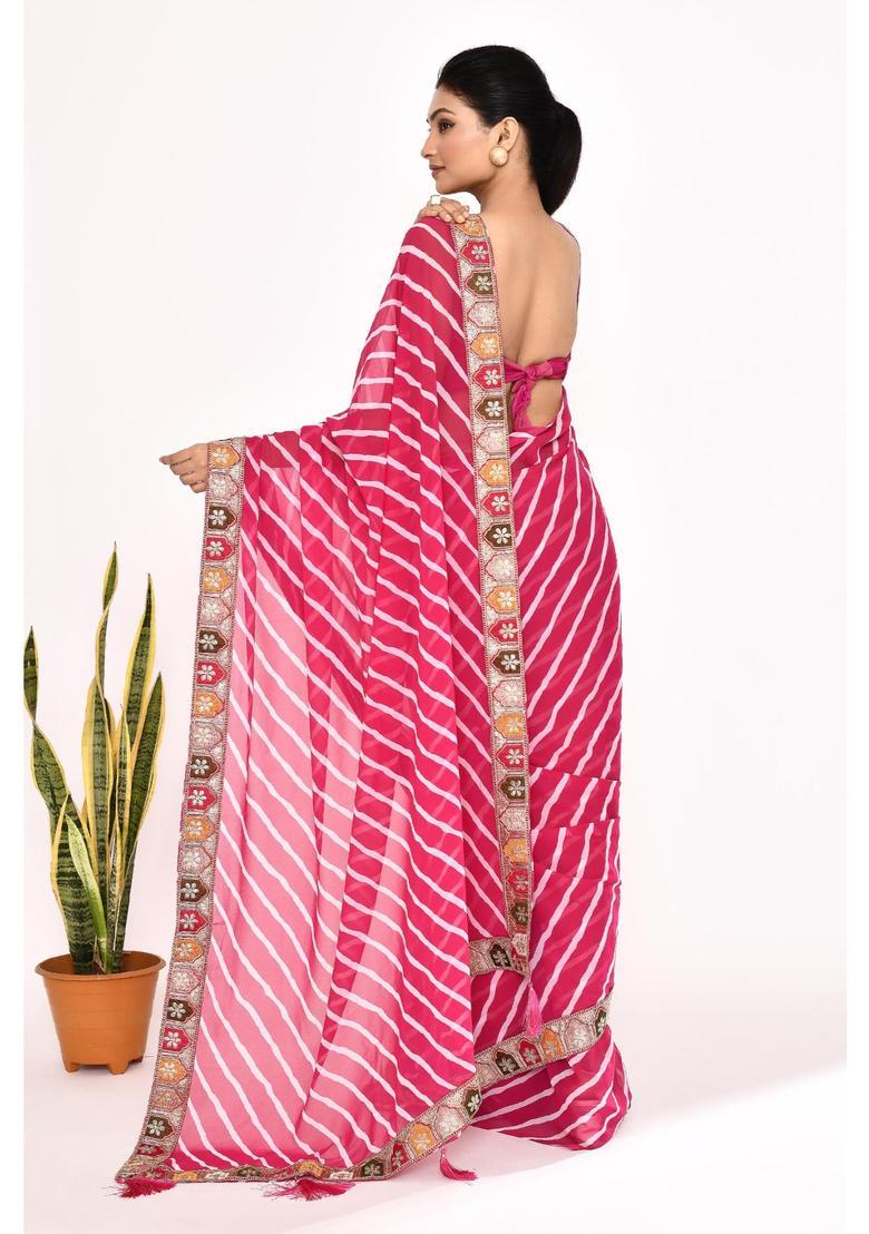 Pink Embroidered Georgette Saree Set - Indya
