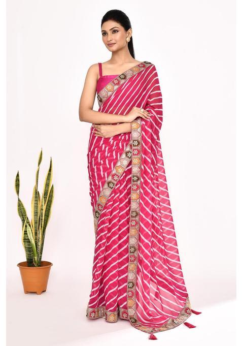 Pink Embroidered Georgette Saree Set