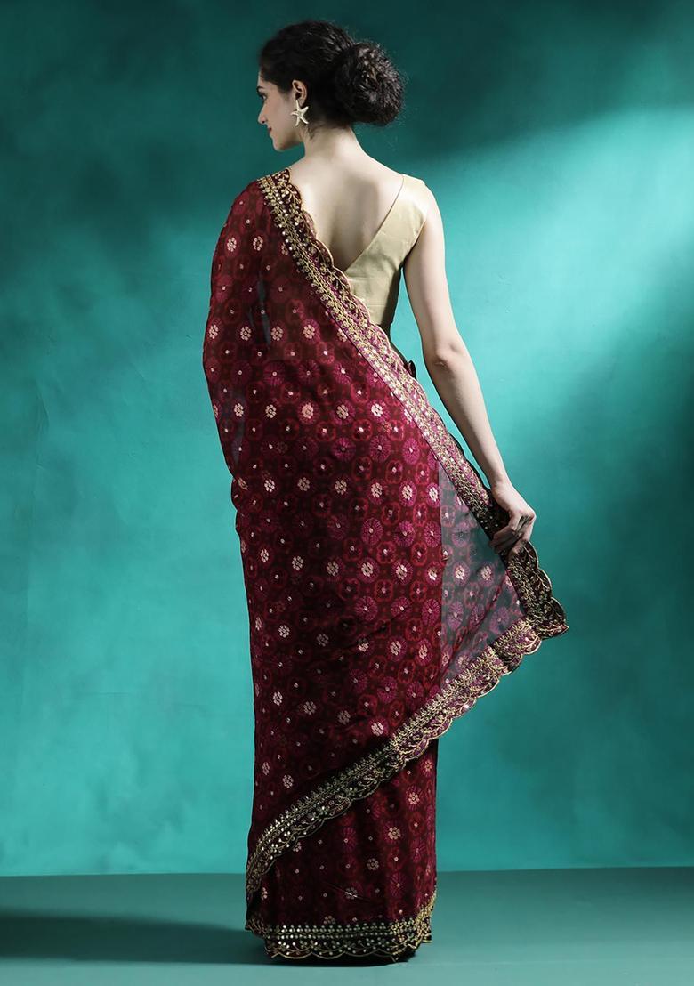 Wine Embroidered Georgette Saree Set - Indya