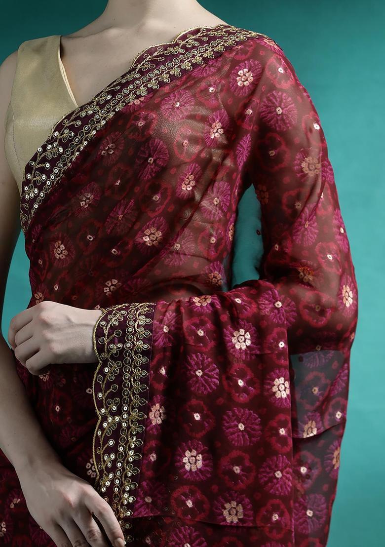 Wine Embroidered Georgette Saree Set - Indya