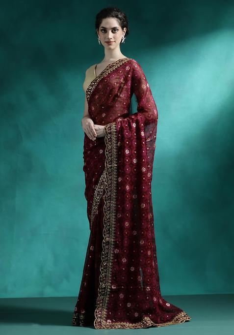 Wine Embroidered Georgette Saree Set