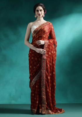 Deep Red Embroidered Georgette Saree Set
