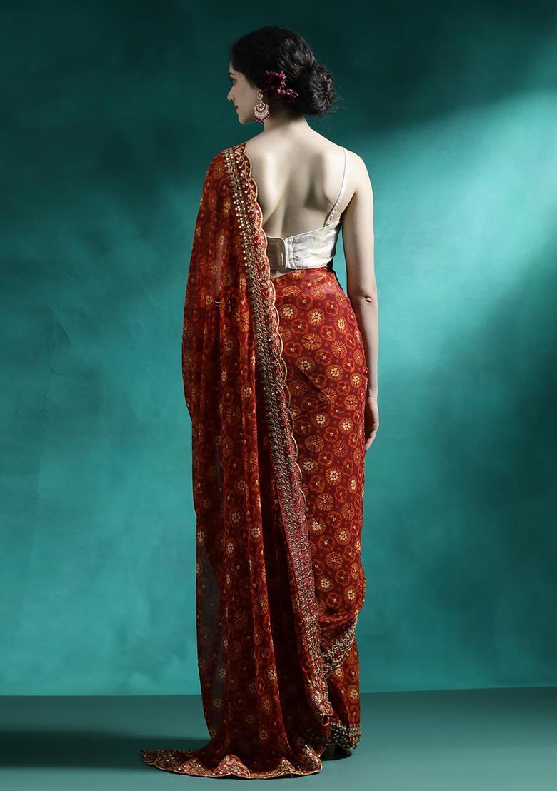 Deep Red Embroidered Georgette Saree Set - Indya