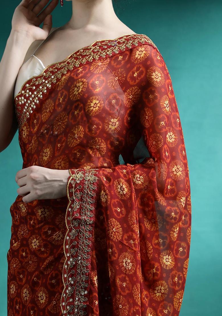 Deep Red Embroidered Georgette Saree Set - Indya