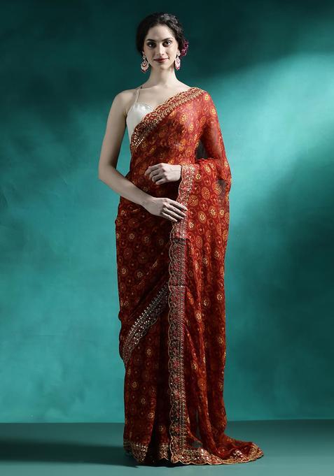 Deep Red Embroidered Georgette Saree Set