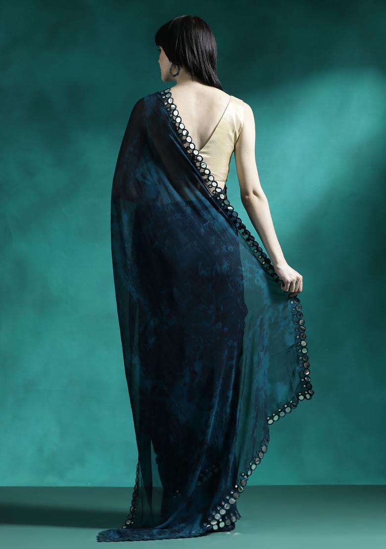 Blue Printed Georgette Saree Set - Indya