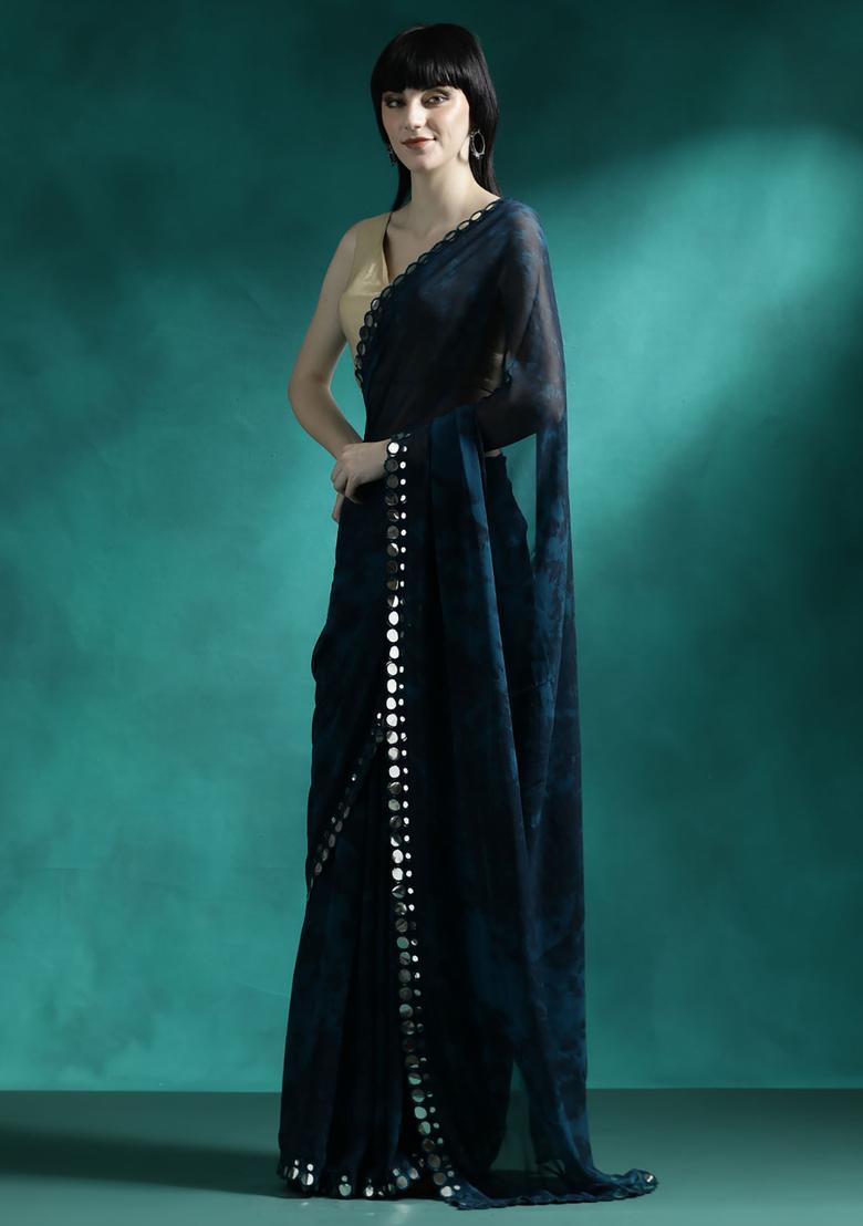 Blue Printed Georgette Saree Set - Indya