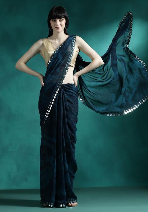 Blue Printed Georgette Saree Set