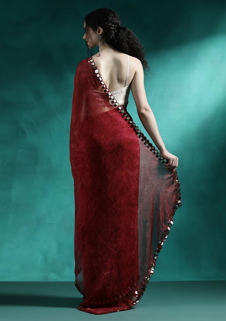 Red Printed Georgette Saree Set - Indya