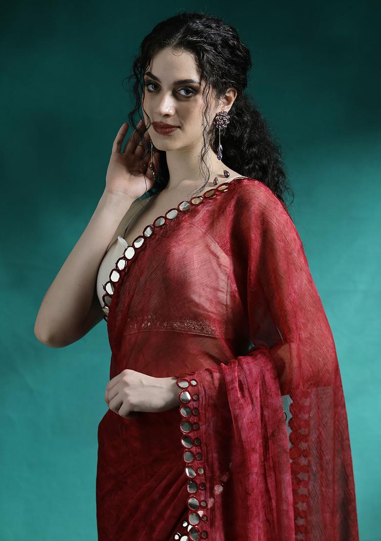Red Printed Georgette Saree Set - Indya