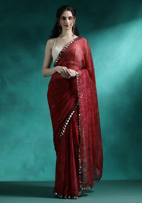 Red Printed Georgette Saree Set