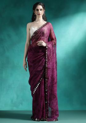 Purple Printed Georgette Saree Set