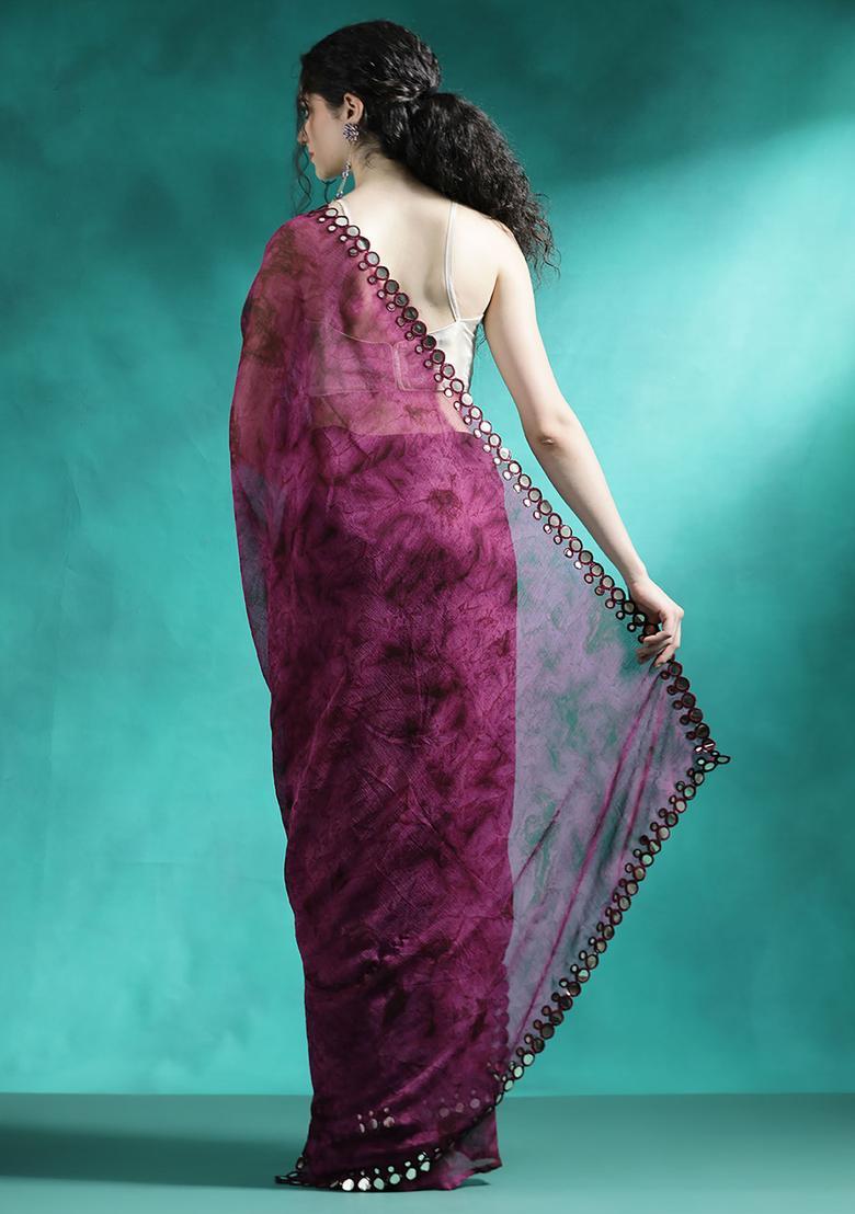 Purple Printed Georgette Saree Set - Indya