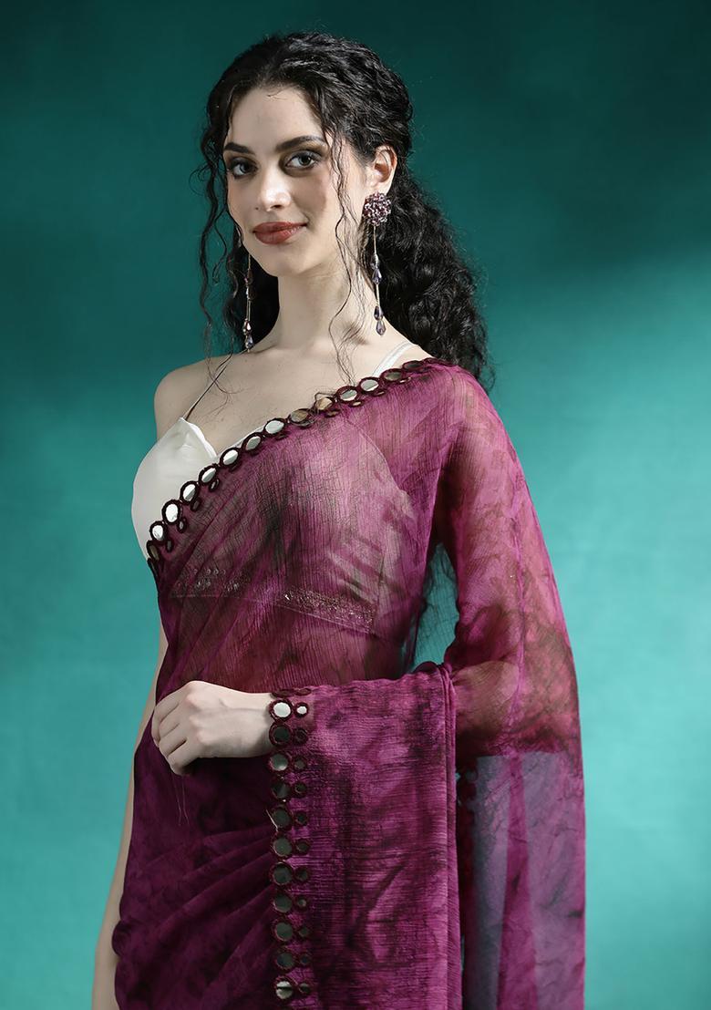Purple Printed Georgette Saree Set - Indya