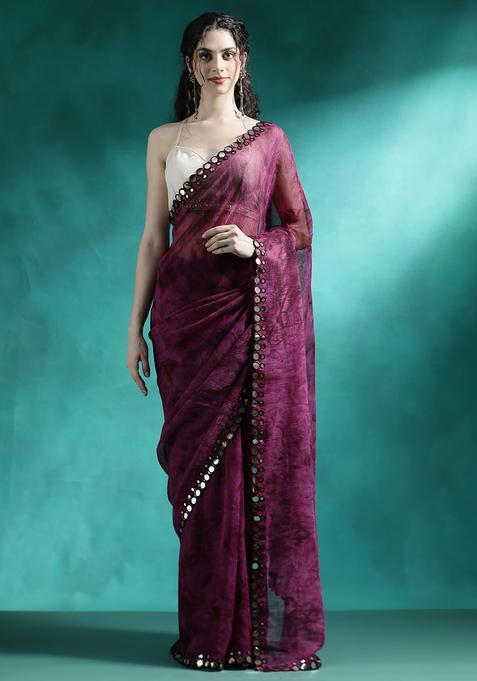 Purple Printed Georgette Saree Set