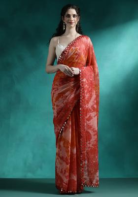 Orange Printed Georgette Saree Set