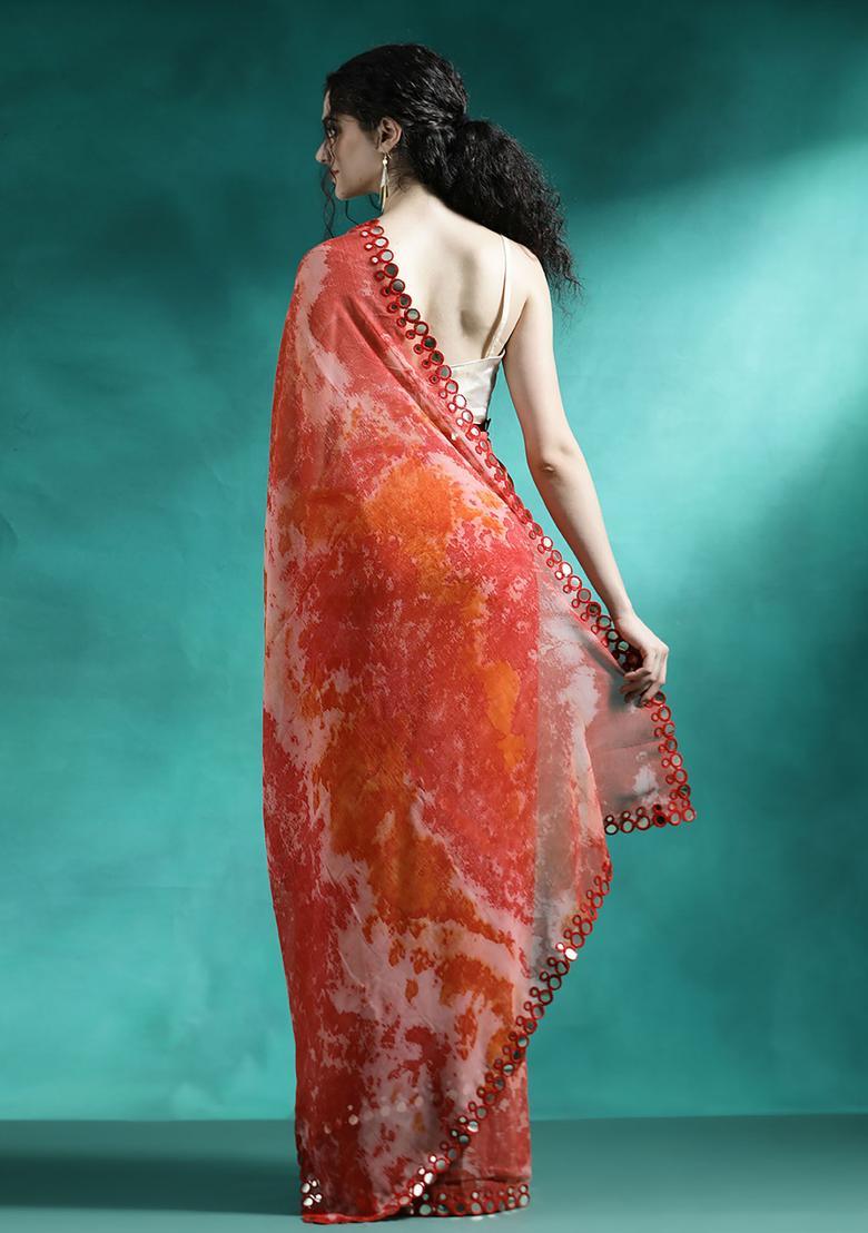 Orange Printed Georgette Saree Set - Indya
