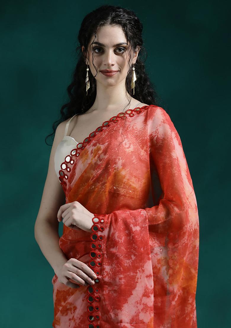 Orange Printed Georgette Saree Set - Indya