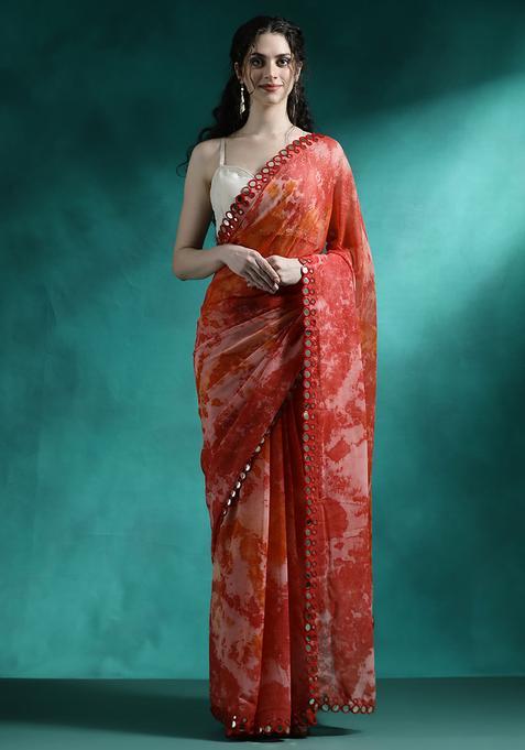 Orange Printed Georgette Saree Set