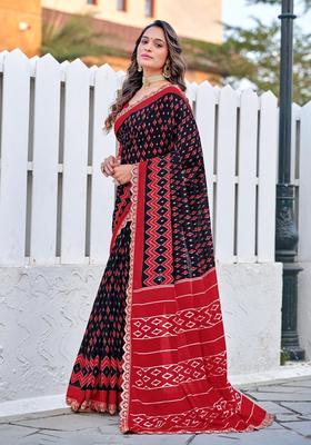 Black Printed Cotton Saree Set