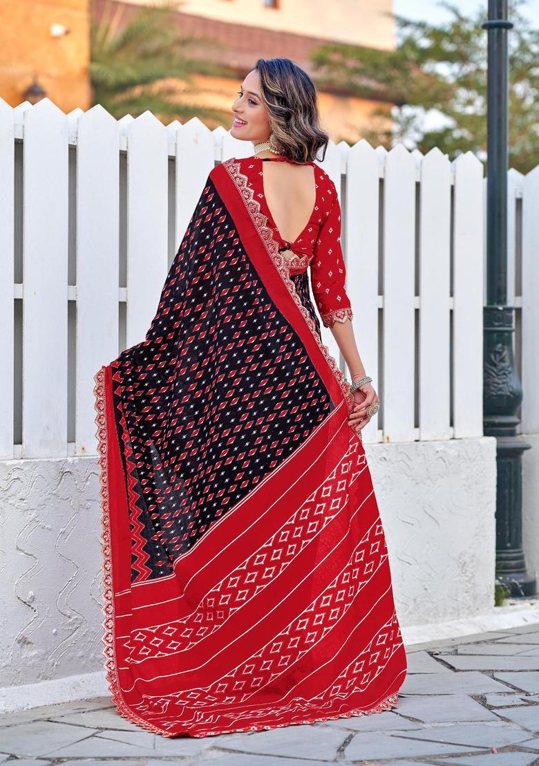 Black Printed Cotton Saree Set - Indya