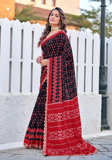 Black Printed Cotton Saree Set