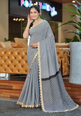 Black Stripes Cotton Saree Set