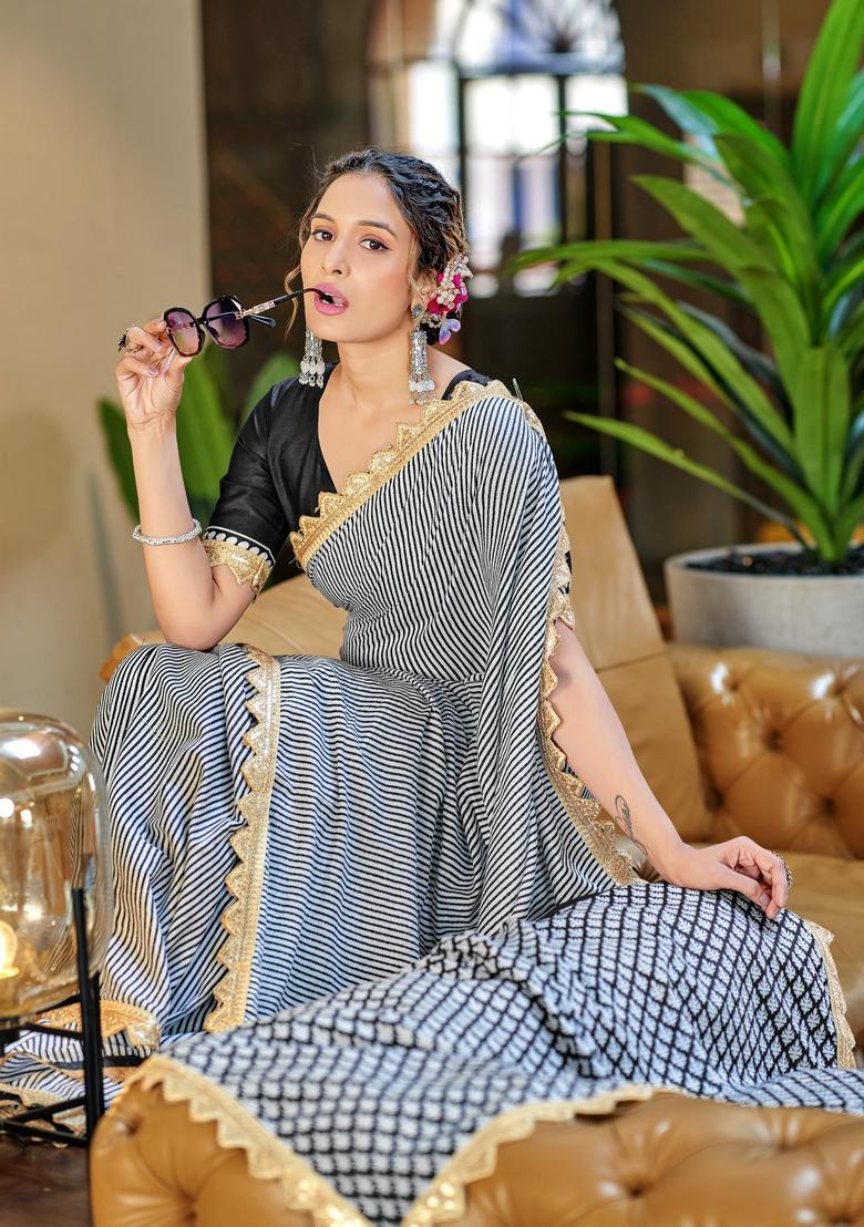 Black Stripes Cotton Saree Set - Indya