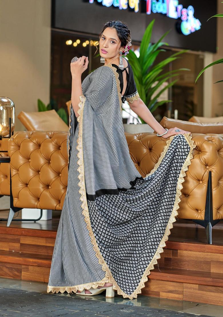 Black Stripes Cotton Saree Set - Indya