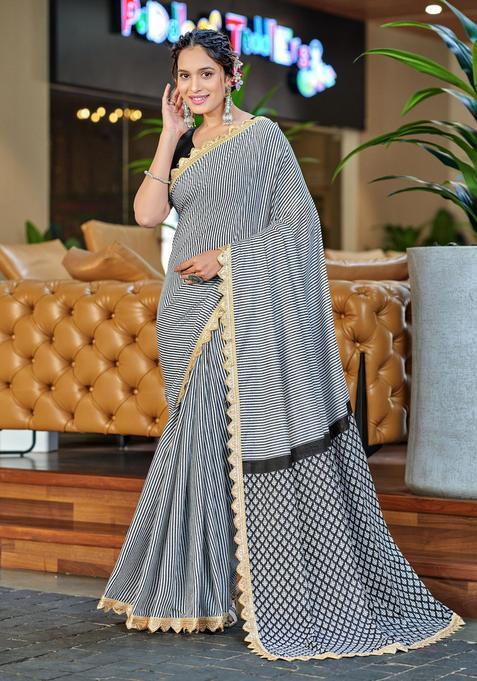 Black Stripes Cotton Saree Set
