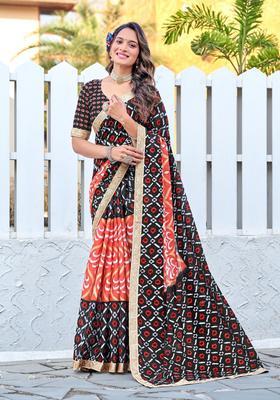 Black Printed Cotton Saree Set