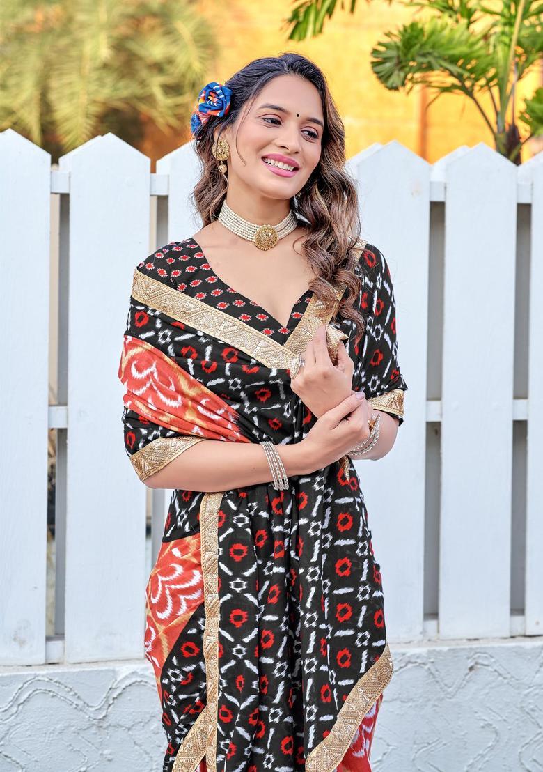Black Printed Cotton Saree Set - Indya