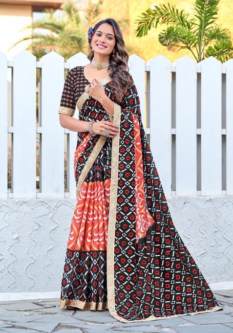 Black Printed Cotton Saree Set