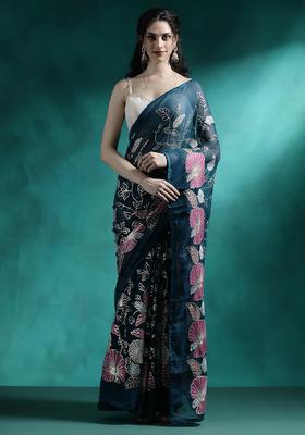 Turquoise Sequin Work Georgette Saree Set