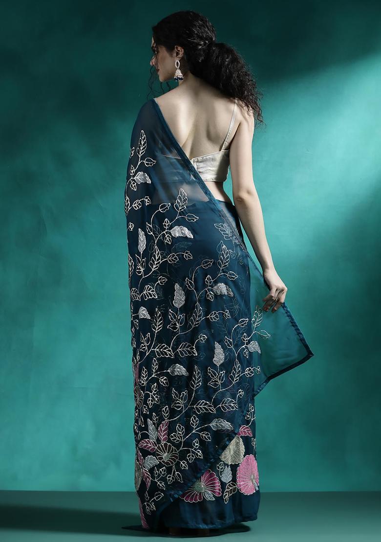 Turquoise Sequin Work Georgette Saree Set - Indya