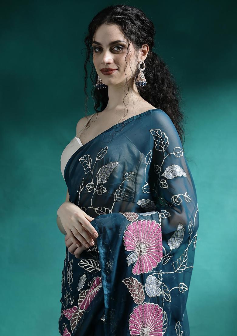 Turquoise Sequin Work Georgette Saree Set - Indya