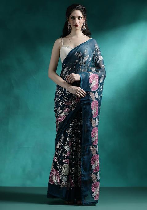 Turquoise Sequin Work Georgette Saree Set