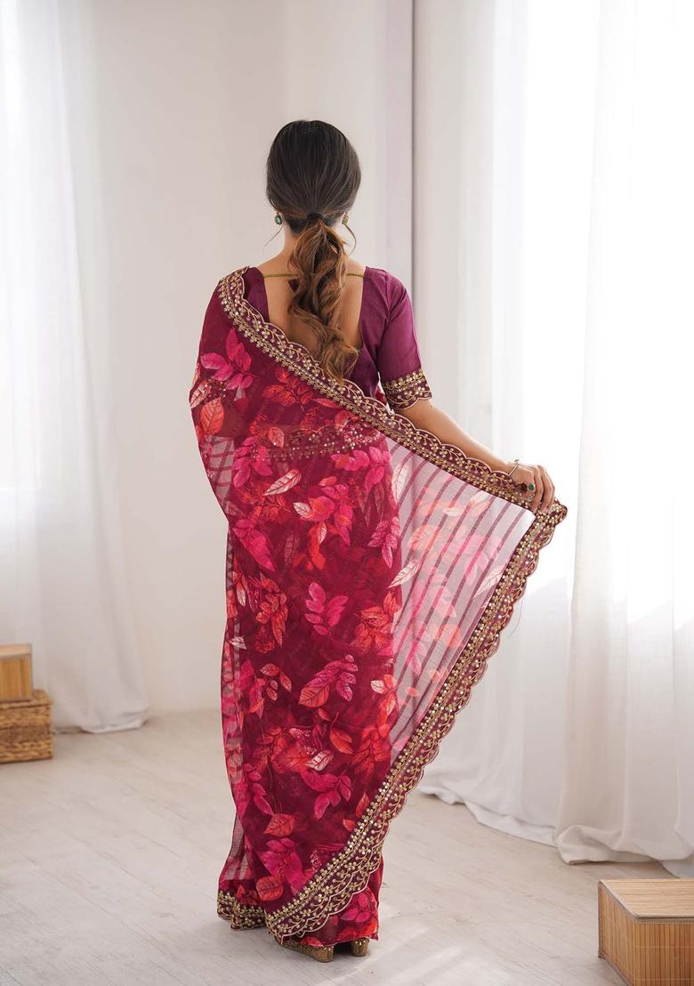 Wine Floral Print Marble Saree Set - Indya