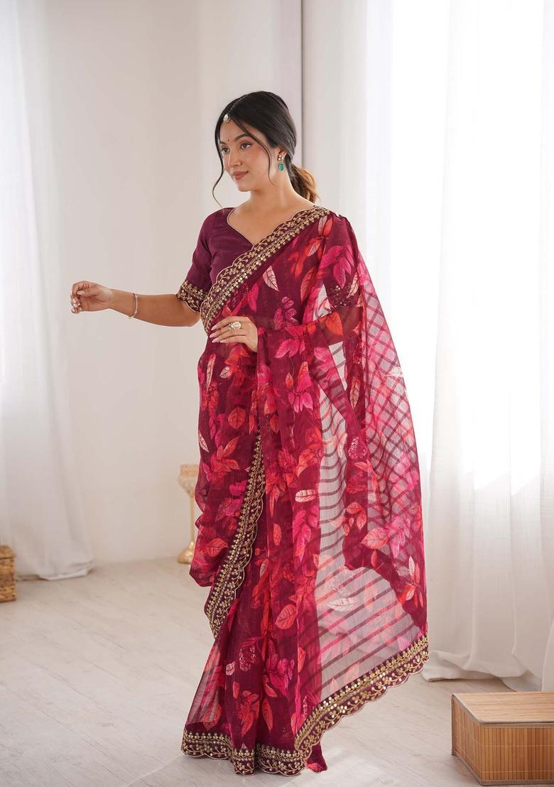 Wine Floral Print Marble Saree Set - Indya
