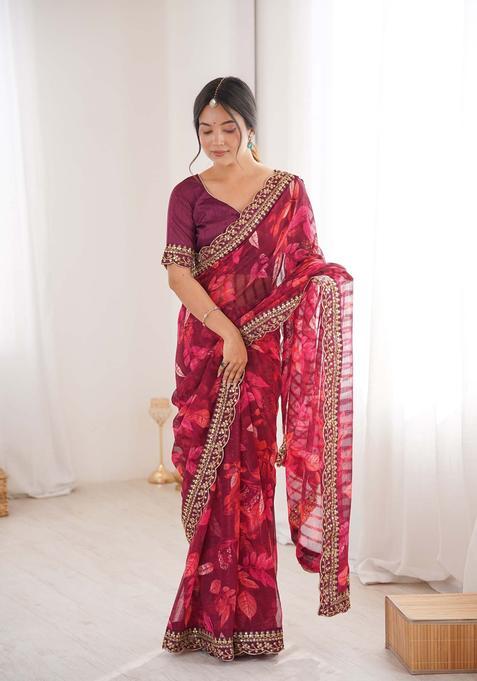 Wine Floral Print Marble Saree Set