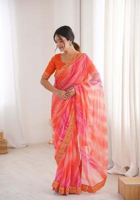 Peach Printed Georgette Saree Set
