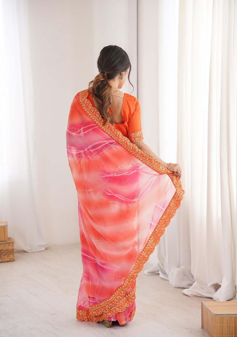 Peach Printed Georgette Saree Set - Indya