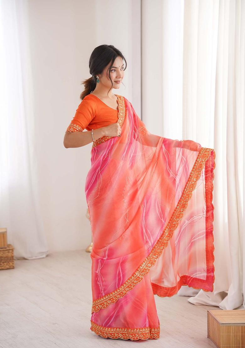 Peach Printed Georgette Saree Set - Indya