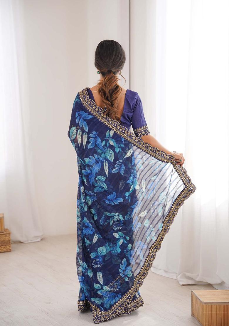 Blue Floral Print Marble Saree Set - Indya