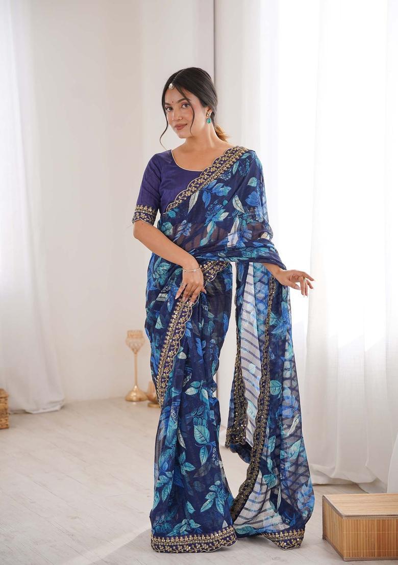 Blue Floral Print Marble Saree Set - Indya