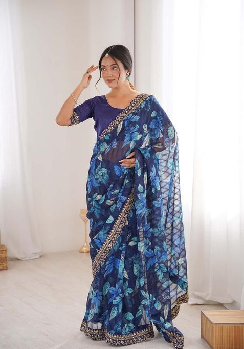 Blue Floral Print Marble Saree Set
