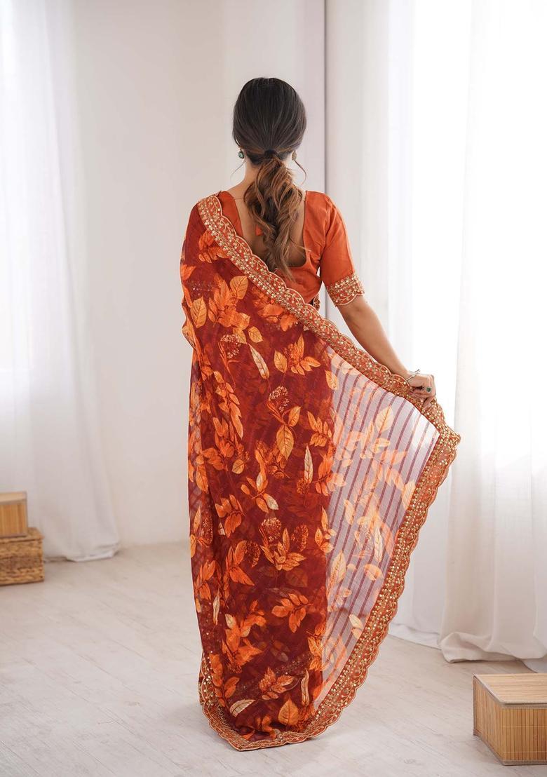 Orange Floral Print Marble Saree Set - Indya