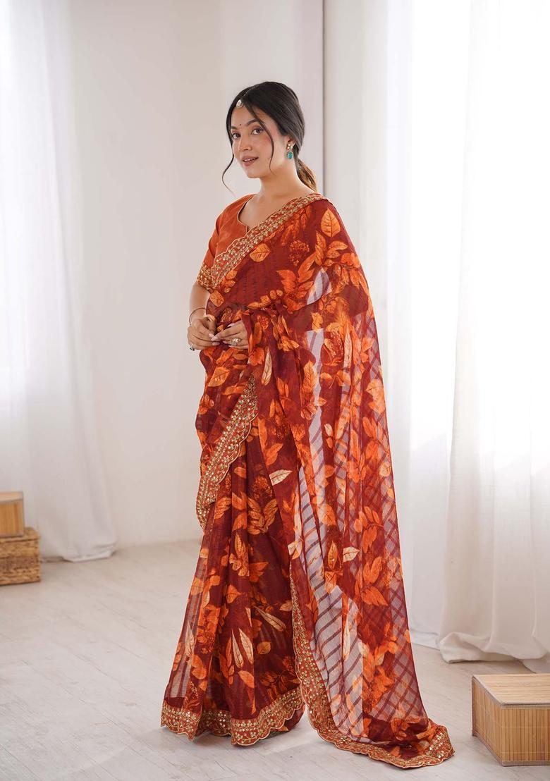 Orange Floral Print Marble Saree Set - Indya