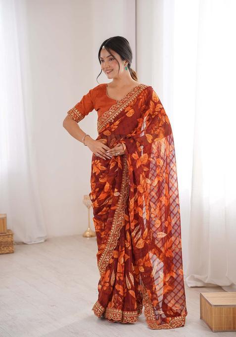 Orange Floral Print Marble Saree Set